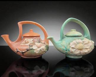Lot Of 2 Roseville Pottery Teapots, Magnolia And Peony Patterns
