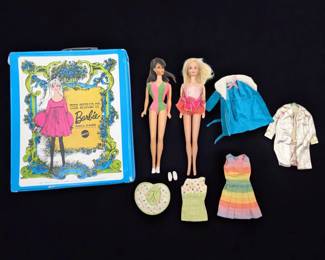 Blue & White "World Of Barbie" Case With Two Barbie Dolls And Four Outfits