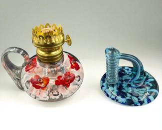 Pair Of Vintage Hand Blown Art Glass Pieces, Blown Glass Pen Holder And Oil Lamp