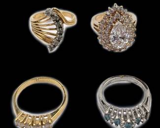 A Lot Of 4 Rings, One Marked 14K Gold, Three Unmarked, With Crystals
