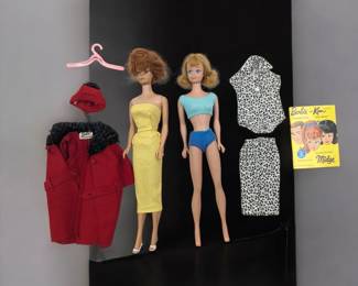Pair Of Vintage 1960s Mattel Blonde Midge And Ginger Bubble Cut Barbie Dolls With Extra Outfits