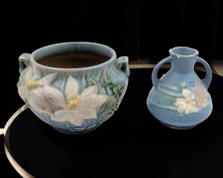 Pair Of Vintage Blue Roseville Pottery Pieces, Cosmo Pattern Vase And Clematis Pattern Jardiniere