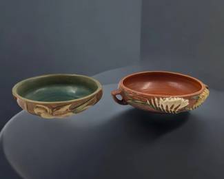 Pair Of Vintage Brown Roseville Pottery Bowls, Zephyr Lily Pattern And Freesia Pattern Console Bowl