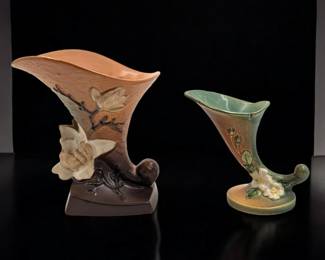 Pair Of Vintage Roseville Cornucopia Vases, Green White Rose Pattern And Brown Magnolia Pattern