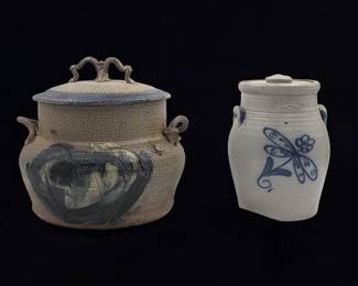 Pair Of Vintage Stoneware Crocks With Lids, One Marked "Ethan Allen"