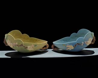 Pair Of Vintage Roseville Pottery Blue And Green Apple Blossom Scalloped Bowls