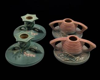 Lot Of 4 Vintage Roseville Pottery Candle Holders, Two Green Bleeding Heart And Two Pink Water Lily