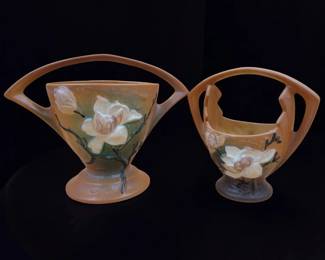 Pair Of Vintage Roseville Pottery Magnolia Basket Vases