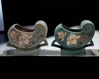 Pair Of Blue / Green Roseville Pottery Magnolia Pattern Vases