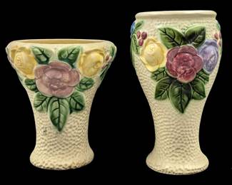 Pair Of Antique Roseville Pottery Ivory Rozane Vases