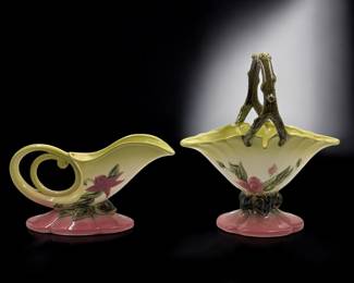 Vintage Hull Pottery Woodland Cornucopia Vase And Gloss Basket