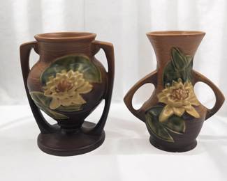 Pair Of Brown Vintage Roseville Pottery Double Handled Water Lily Vases