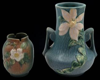 Pair Of Vintage Roseville Pottery Vases, Green White Rose Pattern And Blue Clematis Pattern