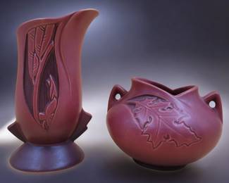 Pair Of Vintage Rosville Pottery Red Silhouette Vases