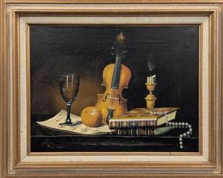 Vintage Oil On Canvas Still-Life Painting, Depicting A Violin