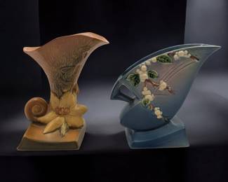 Pair Of Vintage Roseville Pottery Vases, Brown Clematis Cornucopia Vase And Blue Snowberry Fan Vase