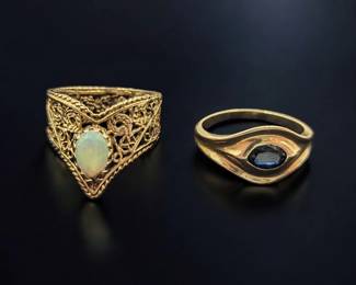 A Pair Of Beautiful 14K Gold Women's Rings, Size 6 And 6 1/2, 3.43g And 3.95g, Opal And Sapphire
