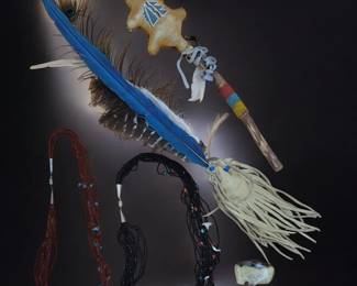 Lot Of Native American Beaded Jewelry, Smudge Feathers, Ceremonial Rattle, And Bison Carving