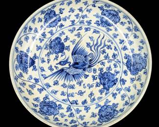 A Large Chinese Blue And White Phoenix Porcelain Charger