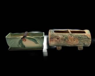 Antique Weller Pottery Woodcraft Log Planter And A Roseville Pottery Pinecone Window Box Planter
