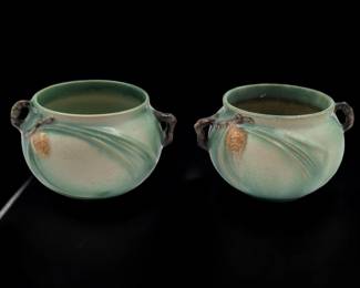 Pair Of Vintage Green Roseville Pottery Pinecone Pattern Jardinieres