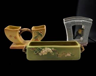 Lot Of 3 Vintage Roseville Pottery Pieces, Includes A Window Box And Two Vases
