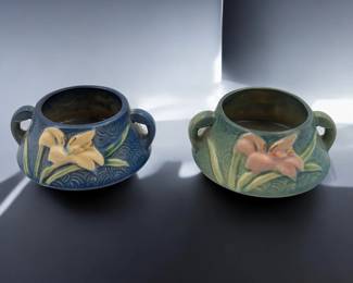 Pair Of Vintage Roseville Pottery Zephyr Lily Open Sugar Bowls