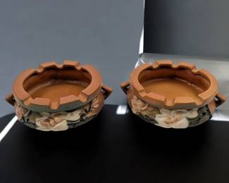 Pair Of Vintage Roseville Pottery Brown Magnolia Ashtrays