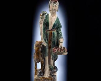 An Old Tall Chinese Ming Style Glazed Pottery Guanyin Figure, Damaged