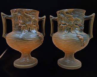 Pair Of Vintage Roseville Pottery Bushberry Handled Vase