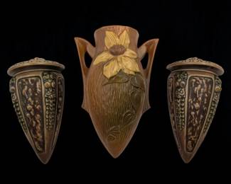 Lot Of 3 Antique Roseville Pottery Wall Pockets, Two Florentine Pattern And One Clematis