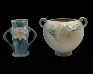 Pair Of Vintage Roseville Pottery Vases, Blue Two-Handled Water Lily And Yellow Poppy