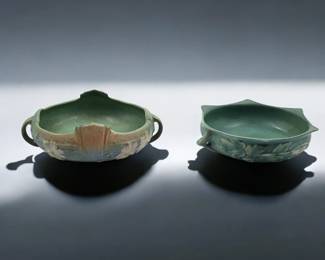 Pair Of Vintage Green Roseville Pottery Bowls, Bleeding Heart And Cosmo Pattern