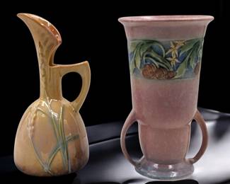 Pair Of Vintage Roseville Pottery Pieces, An Orange Wincraft Ewer And A Pink Baneda Art Deco Vase