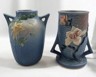 Pair Of Vintage Blue Roseville Pottery Vases, Magnolia Pattern And Columbine Pattern