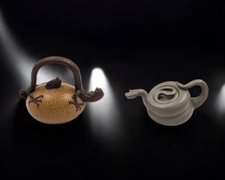 A Pair Of Chinese Yixing Clay Decorative Teapots, Both With Seal Marks, Snake And Dragon w/ Egg