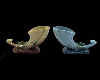 Pair Of Vintage Roseville Pottery Blue And Yellow Wincraft Cornucopia Vases