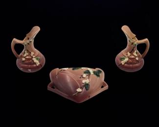 Pair Of Dusty Pink Roseville Pottery Snowberry Pattern Ewers And A Wall Pocket