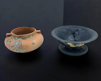 Pair Of Vintage Roseville Pottery Pieces, Blue Zephyr Lily Footed Bowl And Orange Columbine Vase