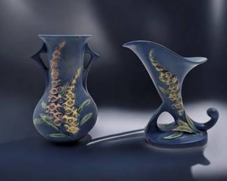 Pair Of Vintage Roseville Pottery Blue Foxglove Vases