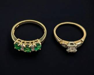A Pair Of Beautiful 14K Gold Women's Rings, Size 5 And 6 1/2, 1.96g And 2.67g, Diamonds And Emeralds