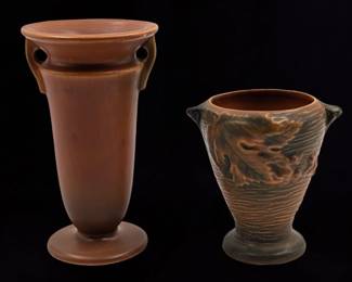 Vintage Roseville Pottery Brown Russco Pottery Vase And A Brown Bushberry Vase