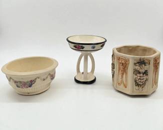 Lot Of 3 Vintage Weller Pottery Pieces, Roma Bowl, Roma 1915 Planter, And Noval Comport