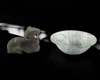 A Chinese Carved Fluorite Bowl And A Chinese Carved Jade Ram