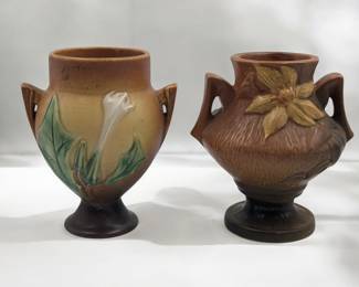 Pair Of Vintage Brown Roseville Pottery Vases, Clematis Pattern And Thorn Apple Pattern