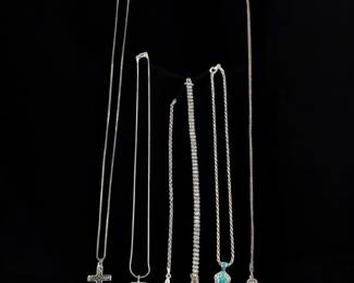 Lot Of 6 Sterling Silver Pendant Necklaces And Bracelets, 45 Grams Total, All Marked