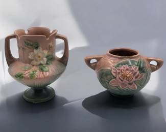 Pair Of Vintage Roseville Pottery Vases, Blue Two-Handled Water Lily And Yellow Poppy