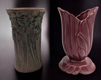 Vintage Shawnee Pottery Maroon Fan Vase And A Peters And Reed Moss Aztec Vase