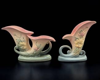 Pair Of Vintage Pink Hull Pottery Cornucopia Vases