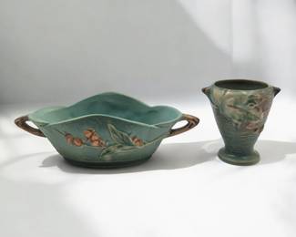 Vintage Green Roseville Pottery Bushberry Vase And Bittersweet Basket Bowl